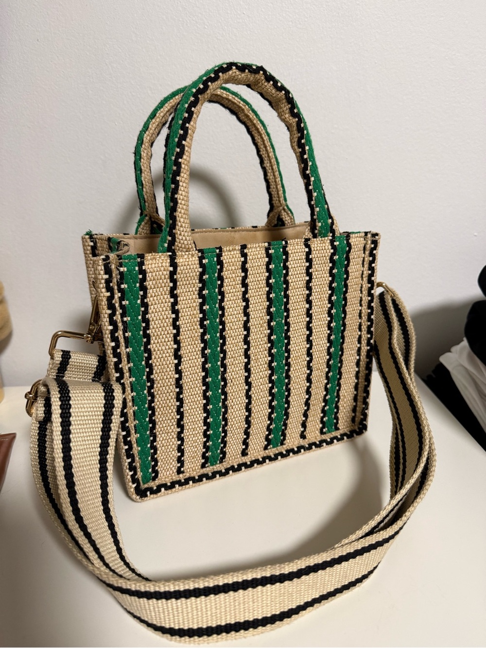 H&M Beige Woven Crossbody Bag with Green and Black